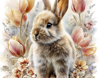 Easter Card JPG, 15 Realistic Bunny Spring Floral Watercolor Graphics Bundle