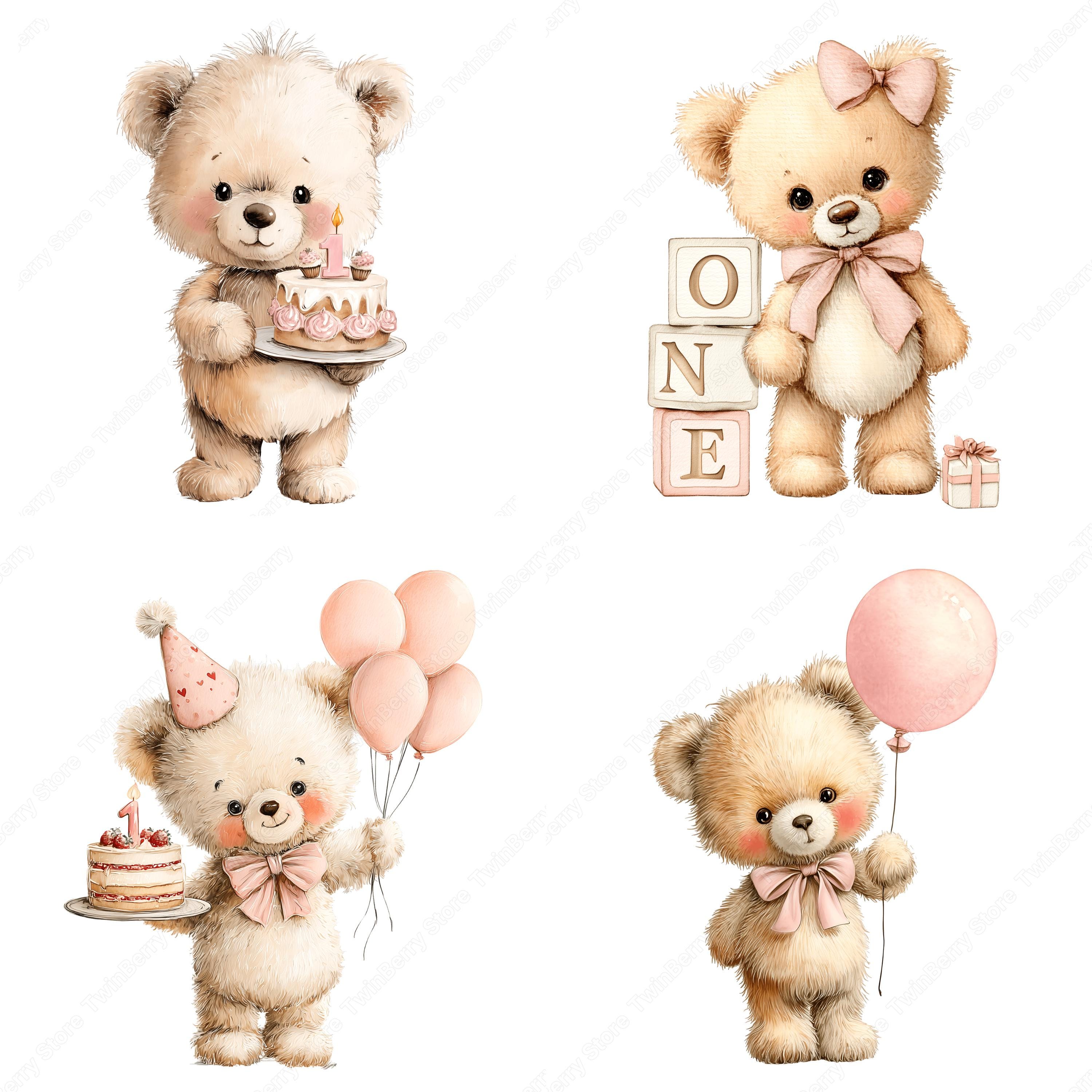 First Birthday Bear PNG, 35 Watercolor Pink Teddy Clipart for Baby Girl ...