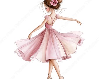 Ballerina Clipart PNG, 20 Watercolor Ballet Girl in Pink Dress for Nursery Wall Art and Cards