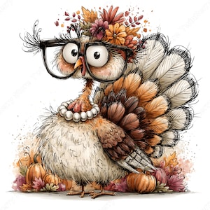 May include: A cartoon turkey illustration wearing large black-rimmed glasses and a white pearl necklace. The turkey has a crown of autumn-coloured flowers and leaves on its head, standing amidst small orange pumpkins and fall foliage.