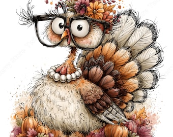 May include: A cartoon turkey illustration wearing large black-rimmed glasses and a white pearl necklace. The turkey has a crown of autumn-colored flowers and leaves on its head, standing amidst small orange pumpkins and fall foliage.