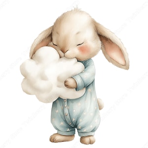 May include: A watercolour illustration of a sleeping bunny wearing a light blue onesie with white stars. The bunny is hugging a fluffy white cloud. The bunny has closed eyes and rosy cheeks, creating a peaceful and dreamy scene.