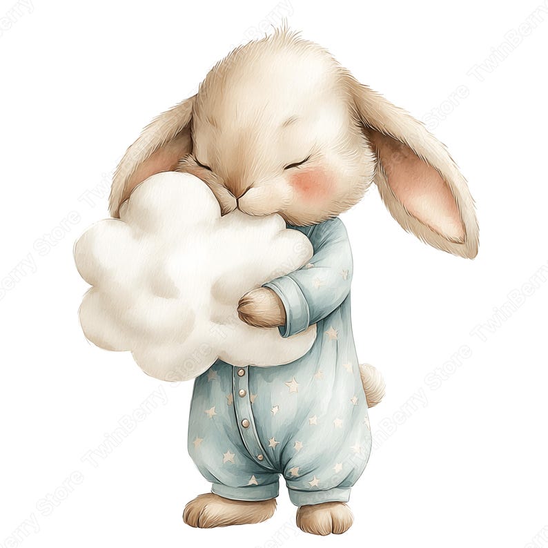 May include: A watercolour illustration of a sleeping bunny wearing a light blue onesie with white stars. The bunny is hugging a fluffy white cloud. The bunny has closed eyes and rosy cheeks, creating a peaceful and dreamy scene.