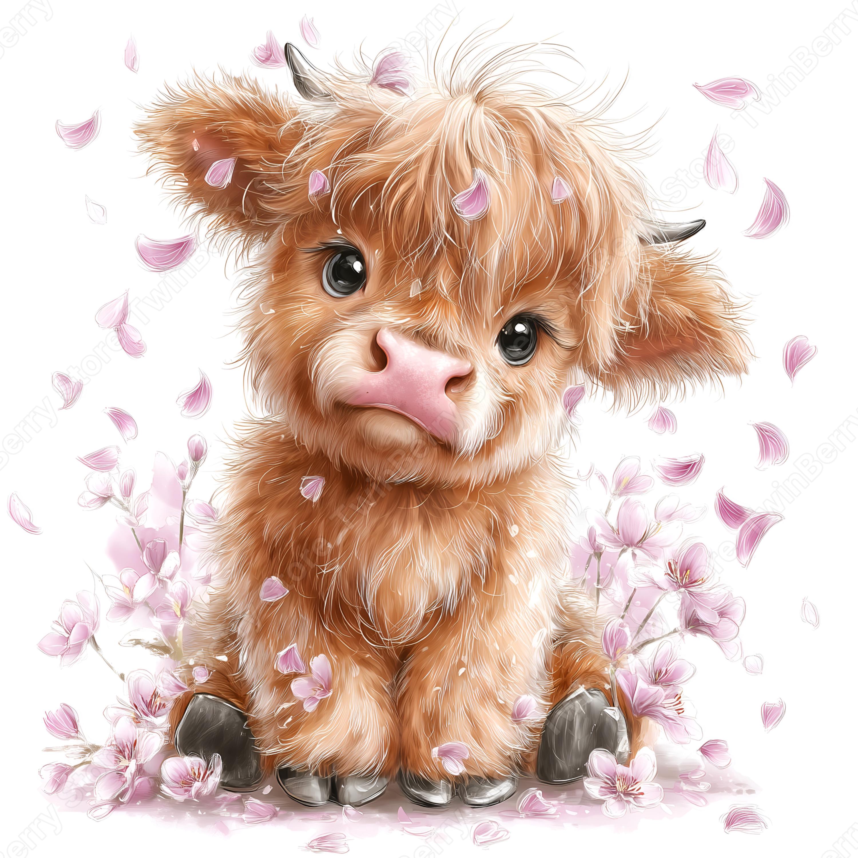 Highland Cow JPG, 24 Watercolor Floral Baby Cow Clipart With Pink ...