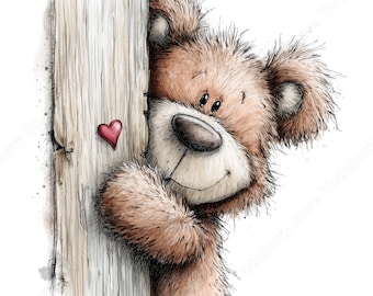 Peut inclure: Illustration à l'aquarelle d'un ours en peluche brun regardant derrière un poteau en bois. L'ours a une expression amicale et un cœur rouge est attaché au bois. Le style est doux et fantaisiste.