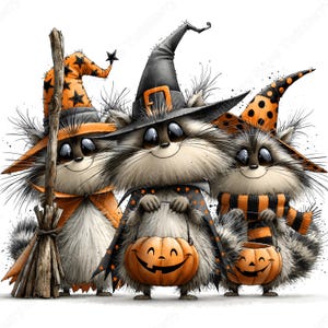 May include: Three fluffy raccoons dressed for Halloween. The left raccoon wears an orange star-patterned hat and holds a wooden broom. The center raccoon wears a black hat and cape, holding a jack-o'-lantern. The right raccoon wears an orange polka-dot hat and scarf, holding a small jack-o'-lantern.