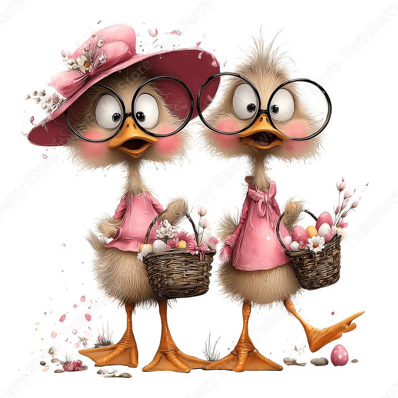 May include: Two cartoon ducks wearing glasses and pink dresses, carrying baskets of Easter eggs and flowers. One duck wears a pink hat. The image has a watercolor style with a white background.
