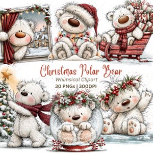 Puede incluir: Una colecci&oacute;n de ilustraciones de osos polares navide&ntilde;os con osos en escenas invernales, incluyendo un oso en una ventana, con luces, en un trineo, con un &aacute;rbol, en una bola de nieve y el texto Christmas Polar Bear Whimsical Clipart 30 PNGs 300DPI.