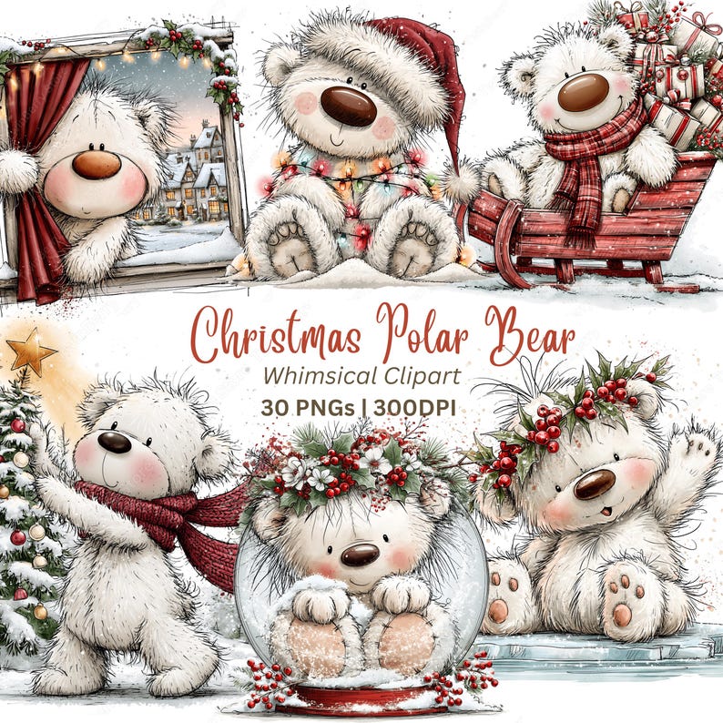 Puede incluir: Una colecci&oacute;n de ilustraciones de osos polares navide&ntilde;os con osos en escenas invernales, incluyendo un oso en una ventana, con luces, en un trineo, con un &aacute;rbol, en una bola de nieve y el texto Christmas Polar Bear Whimsical Clipart 30 PNGs 300DPI.
