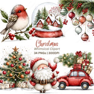 Imágenes prediseñadas navideñas originales en formato PNG, 34 gráficos navideños en acuarela: Papá Noel, galleta de jengibre, cascanueces, muñeco de nieve y árbol de Navidad para tarjetas y sublimación.