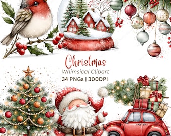 Whimsical Christmas Clipart PNG, 34 Watercolor Holiday Graphics, Santa Gingerbread Nutcracker Snowman Tree for Cards & Sublimation