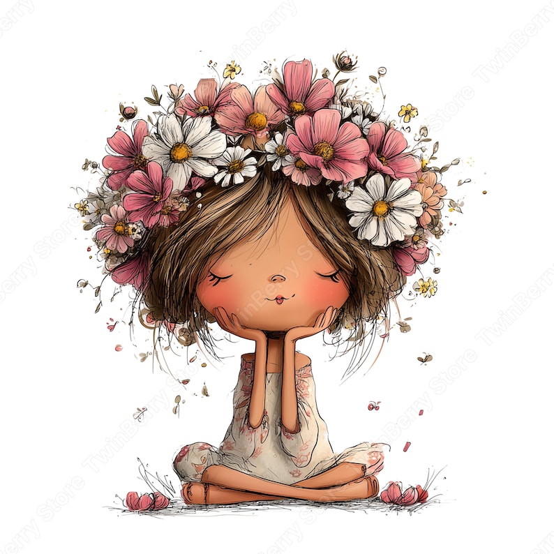 Vår Clipart PNG, 30 nyckfull flicka med blommor grafikpaket bild 18