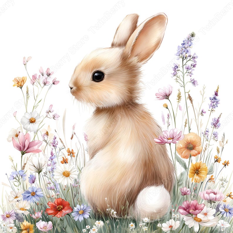 Bunny Wildflower JPG, 23 Watercolor Rabbit in Meadow Clipart for Spring ...