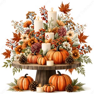 May include: A decorative autumn centerpiece featuring orange pumpkins, pinecones, and white pillar candles arranged on a wooden pedestal. The display includes fall foliage, berries, and flowers in shades of orange, brown, and cream.