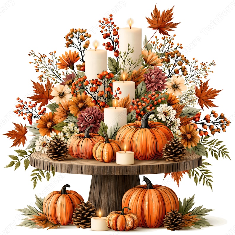 May include: A decorative autumn centerpiece featuring orange pumpkins, pinecones, and white pillar candles arranged on a wooden pedestal. The display includes fall foliage, berries, and flowers in shades of orange, brown, and cream.