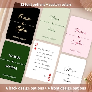 May include: A collection of wedding invitation cards with various designs and colors. Each card features the names "Mason & Sophia" and a wedding date. The cards showcase different font options and back designs, with the text "32 font options + custom colors" and "6 back design options + 4 front design options".