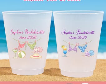 Personalized Bachelorette Party Cups, Custom Bikini Beach Cups, Tropical Bride Tribe Party Favor, Girls Trip Beach Cups