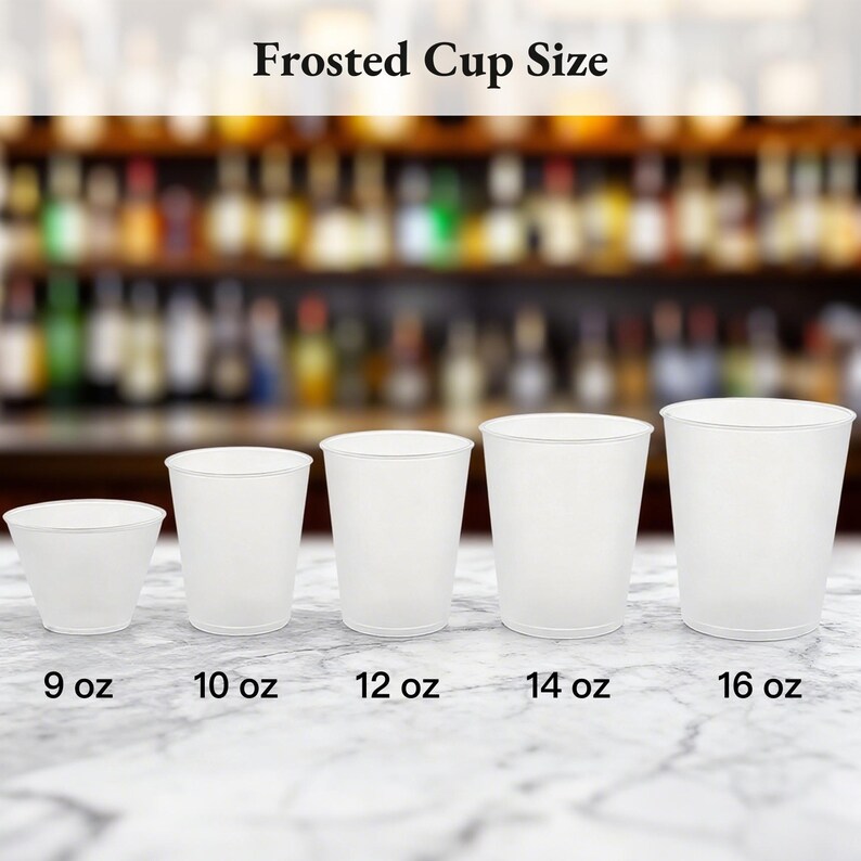 May include: Five frosted white cups of varying sizes are displayed, labeled with their fluid ounce capacity: 9 oz, 10 oz, 12 oz, 14 oz, and 16 oz. The cups are arranged in a row against a blurred background.
