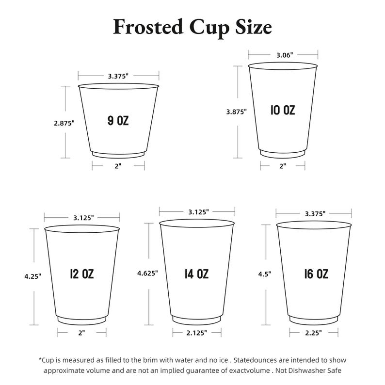 May include: Diagram of frosted cups in various sizes: 9 oz, 10 oz, 12 oz, 14 oz, and 16 oz. Each cup's dimensions are labeled in inches, including height, top diameter, and base diameter. Text at the top reads "Frosted Cup Size."