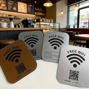 May include: Four metal signs with rounded corners, each displaying "FREE WIFI" and a Wi-Fi symbol. The signs are in shades of brown and gray, with a QR code and fields for network and password information.