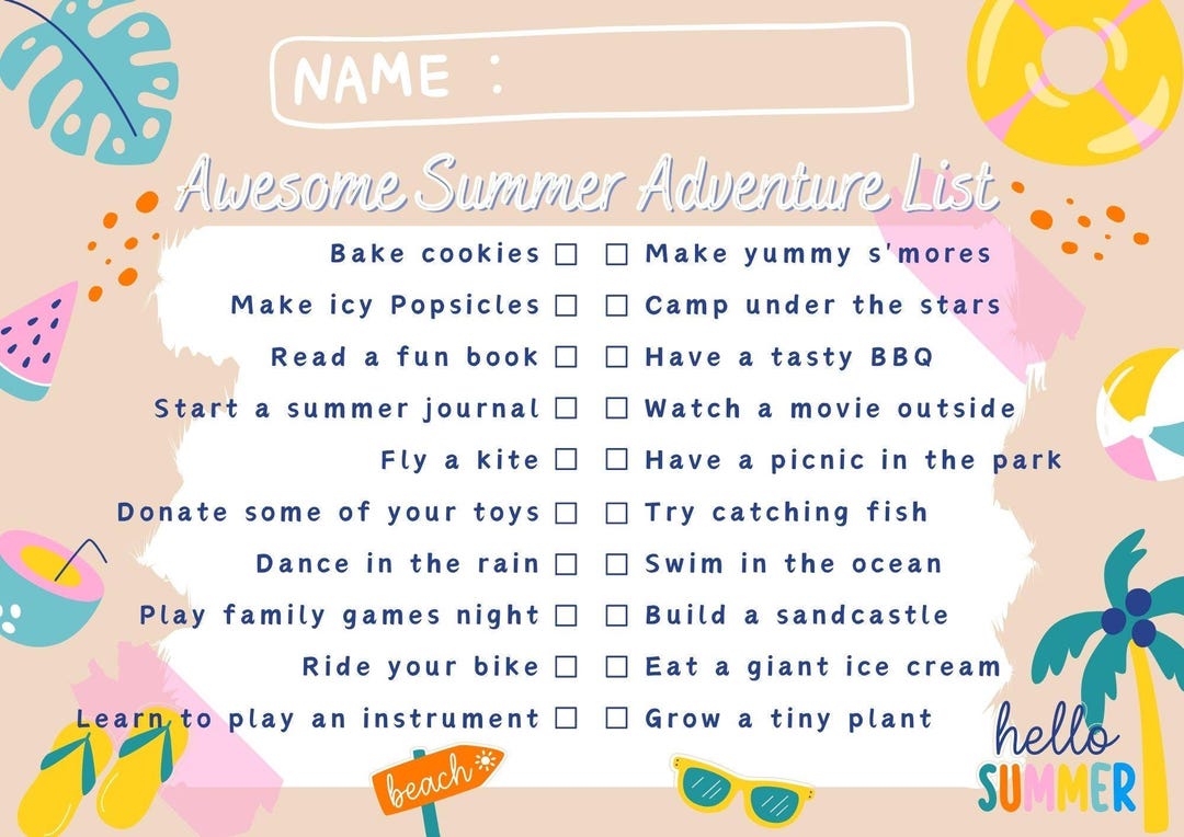 Summer Bucket List, Summer Adventure List, Instant Download, Summer ...