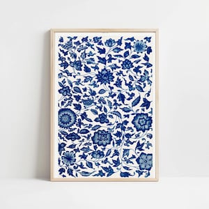 Blue and White Floral Pattern Art Antique Arabic Ornament Poster Mediterranean Wall Decor - Chinoiserie Style Print - Digital Download