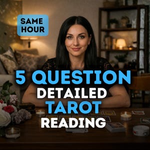 May include: A woman sits at a wooden table with tarot cards, candles, and flowers. The text on the image reads "SAME HOUR" and "5 QUESTION DETAILED TAROT READING."