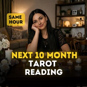 May include: A woman with long black hair leans on her hand, smiling. The text on the image reads "SAME HOUR" and "NEXT 10 MONTH TAROT READING". There are lit candles and tarot cards on the table.