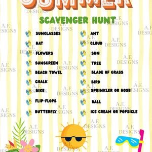 Summer scavenger hunt, kids checklist scavenger hunt for kids summer activities printable, digital file