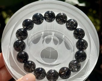 Genuine Black Tourmaline Rutilated Quartz Crystal Beaded Bracelet: Healing Energy, Protection, Grounding, Gifts