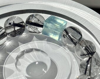 Black Rutilated Quartz Bracelet with Aquamarine Crystal Cube: Protection, Clarity, Calm Gift