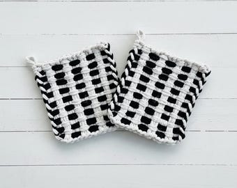 Handwoven Cotton Potholders, Trivets, Coasters, Hot Pads (Set of 2) : Black and White