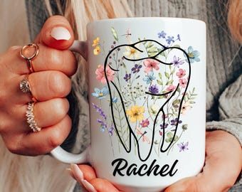 Taza de higiene dental, graduación de ortodoncia, regalo para higienista dental, regalo para asistente dental, dentista, taza floral con diseño de dientes, cirugía dental, consultorio dental