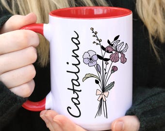 Custom Birth Flower Coffee Wildflower Mug, Personalized February Cup, Monogram Initial Name, Violet Mug, Iris Mug, Birth Month, Mothers Day