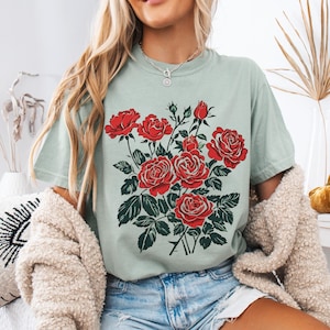 Comfort Colors® Roses Linocut Shirt, Vintage Boho Rose Tee, Cottagecore Vintage Rose, June Birthday Gift, June Birthday, vintage rose shirt