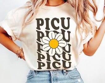 Comfort Colors® Floral PICU Nurse Shirt, Groovy Diasy Pediatric ICU Nurse Shirt, Pediatric Nurse Tee, Nurse Nightshirt, picu Gifts, RN Shirt