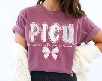 Comfort Colors® Floral PICU Nurse Shirt, Graduation Pediatric ICU Nurse Shirt, Pediatric Nurse Tee, Nurse Nightshirt, Coquette Bow RN Shirt