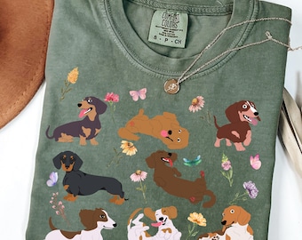 Comfort Colors® Cottagecore Doxieシャツ、ダックスフンドママ、ダックスフンドギフト、ダックスフンドママシャツ、犬ママギフト、犬好きギフト、ダックスフンドクリスマス
