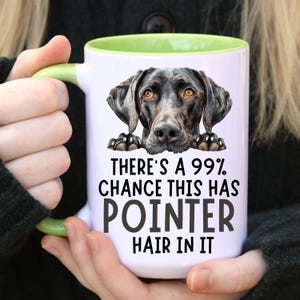 Op de afbeelding: Een witte keramische mok met een lichtgroene binnenkant en handvat. De voorzijde toont een gedetailleerde illustratie van een zwart-bruine pointer hondenkop boven de zwarte tekst: THERE'S A 99% CHANCE THIS HAS POINTER HAIR IN IT.