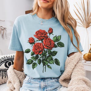 Comfort Colors® Roses Linocut Shirt, Vintage Boho Rose Tee, Cottagecore Vintage Rose, June Birthday Gift, June Birthday, vintage rose shirt