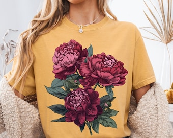 Camisa de peonía linograbada Comfort Colors®, camisa floral Art Nouveau, camisa de flores silvestres estilo cottagecore, peonía bohemia vintage, xilografía para cumpleaños de noviembre