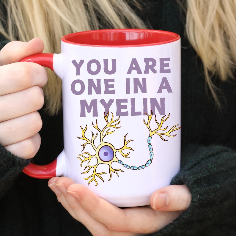 May include: White ceramic mug with a red interior and handle. The mug features the text "YOU ARE ONE IN A MYELIN" in purple, along with a yellow and blue neuron illustration. The mug is held by a person.