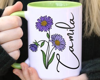 Taza con nombre de cumpleaños de septiembre, taza personalizada con flor de nacimiento, taza floral para hermana, regalo para mamá, regalo para hija, regalo para mejor amiga