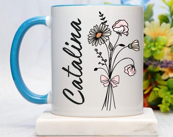 Custom Birth Flower Wildflower Mug, Personalized May Mug, April Mug, Initial Name Mug, Daisy Mug,Sweet Pea Mug, Birth Month, Mothers Day Mug