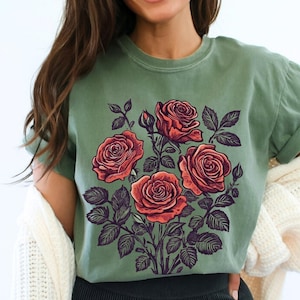 Comfort Colors® Roses Linocut Shirt, Vintage Boho Rose Tee, Cottagecore Vintage Rose, June Birthday Gift, June Birthday, vintage rose shirt