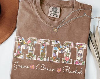 Camiseta Mimi Comfort Colors® con nombres de nietos, camiseta personalizada para abuela con nombres de niños, camiseta floral Mimi, regalos Mimi, camiseta para el Día de la Madre, Nana