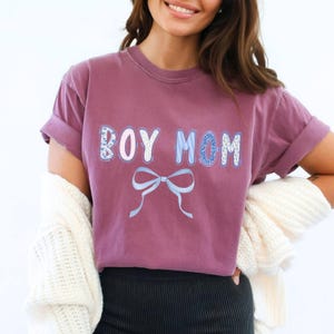 Comfort Colors® Boy Mom Shirt, Mother&#39;s Day Gift, Mom Tee, Coquette Bow Floral Boy Mama Shirt, Pregnancy Announcement Boy, Mama of Boy Shirt