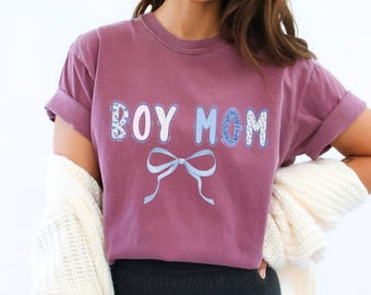 Comfort Colors® Boy Mom Shirt, Mother's Day Gift, Mom Tee, Coquette Bow Floral Boy Mama Shirt, Pregnancy Announcement Boy, Mama of Boy Shirt