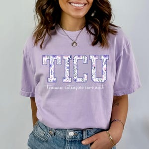 Comfort Colors® TICU Nurse Shirt, Trauma Team Tee, Trauma Intensive Care Unit, Intensive Care Nurse, Purple Toile Trauma ICU Nurse T-Shirt