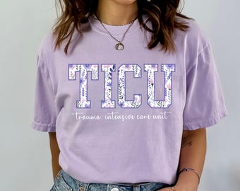 Comfort Colors® TICU Nurse Shirt, Trauma Team Tee, Trauma Intensive Care Unit, Intensive Care Nurse, Purple Toile Trauma ICU Nurse T-Shirt